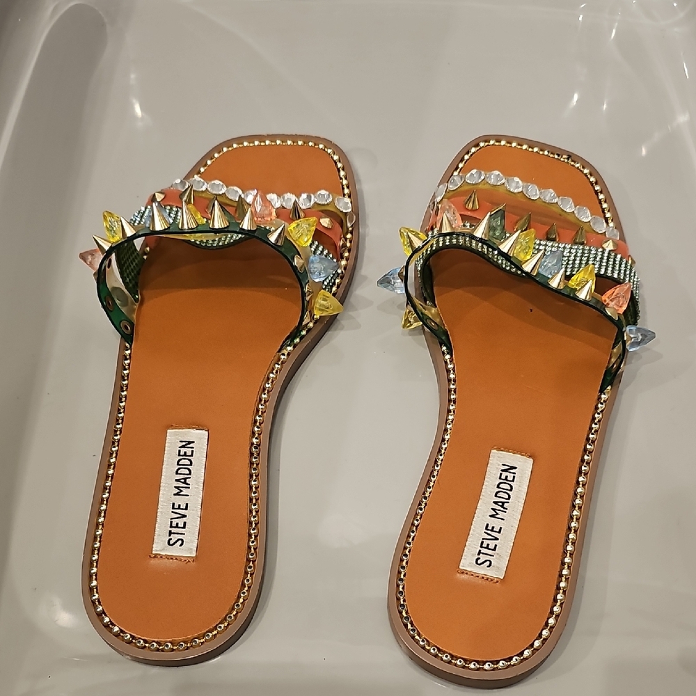 Steve Madden Women's Embellished Sandals Green Leandra Gold SZ 8.5 M - Picture 4 of 5